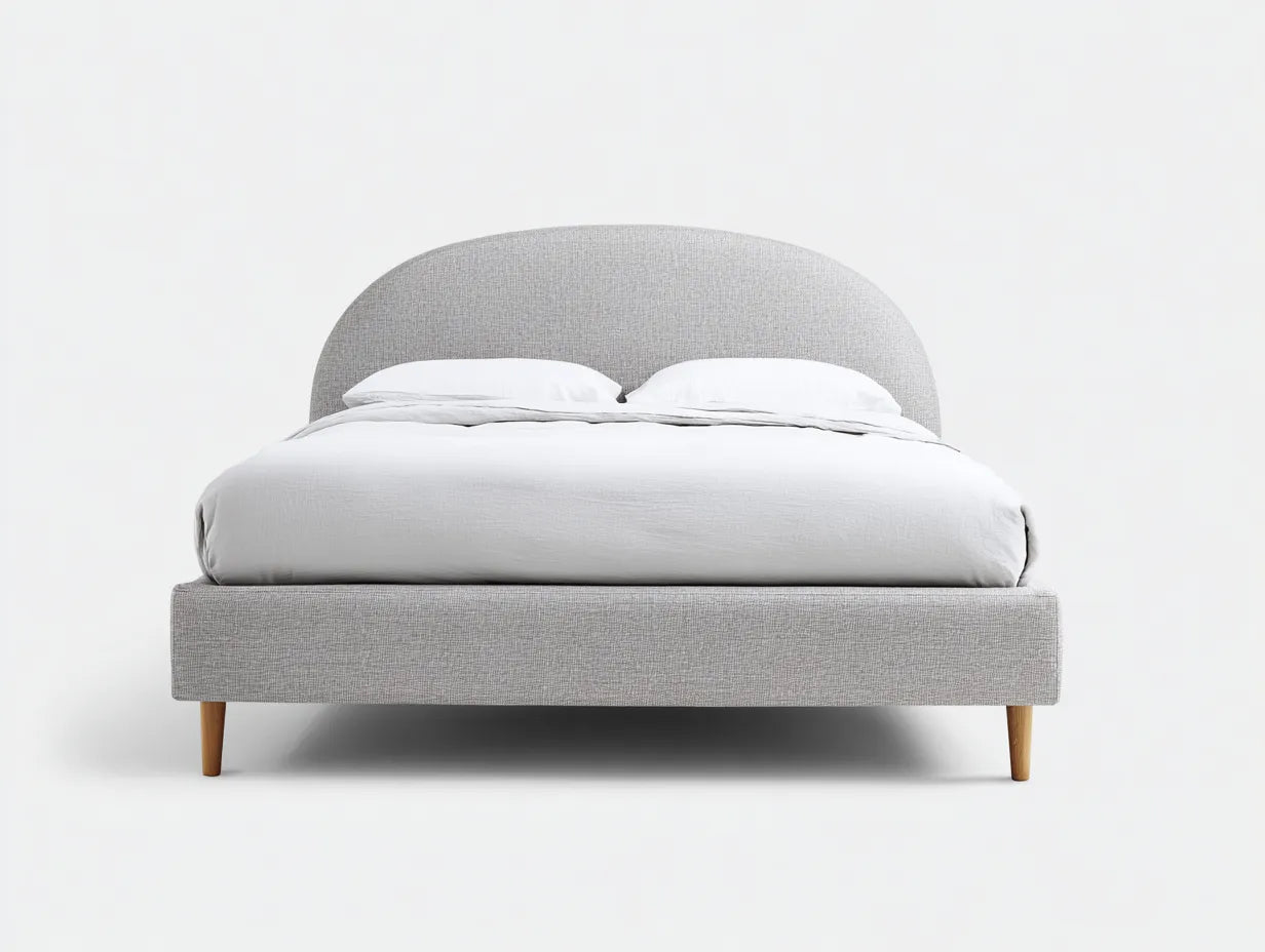 Cama doble tapizada 210×170×115 cm – beige claro – cabecero semicircular para dormitorio