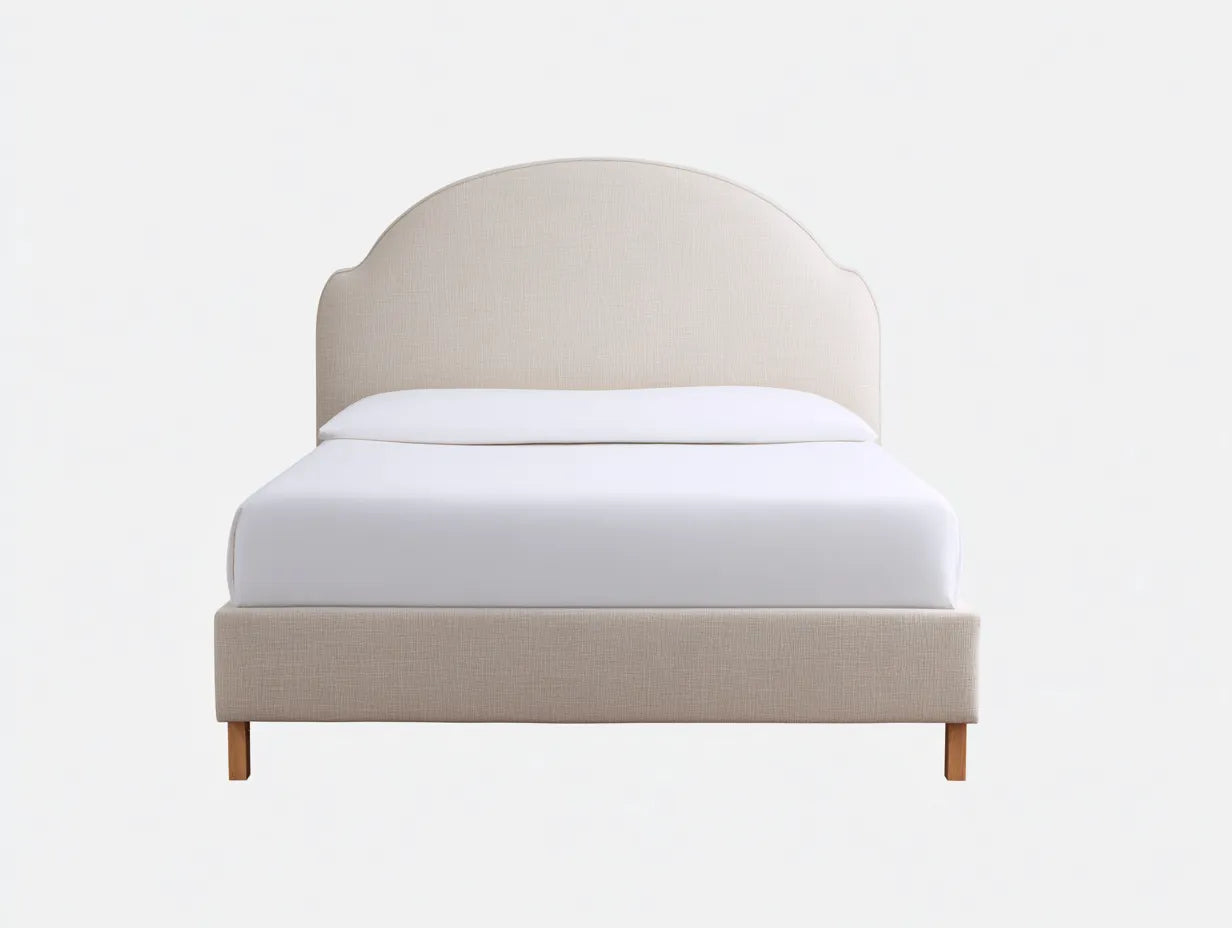 Cama doble de tejido 210×170×116 cm – beige arena – cabecero festoneado para dormitorio