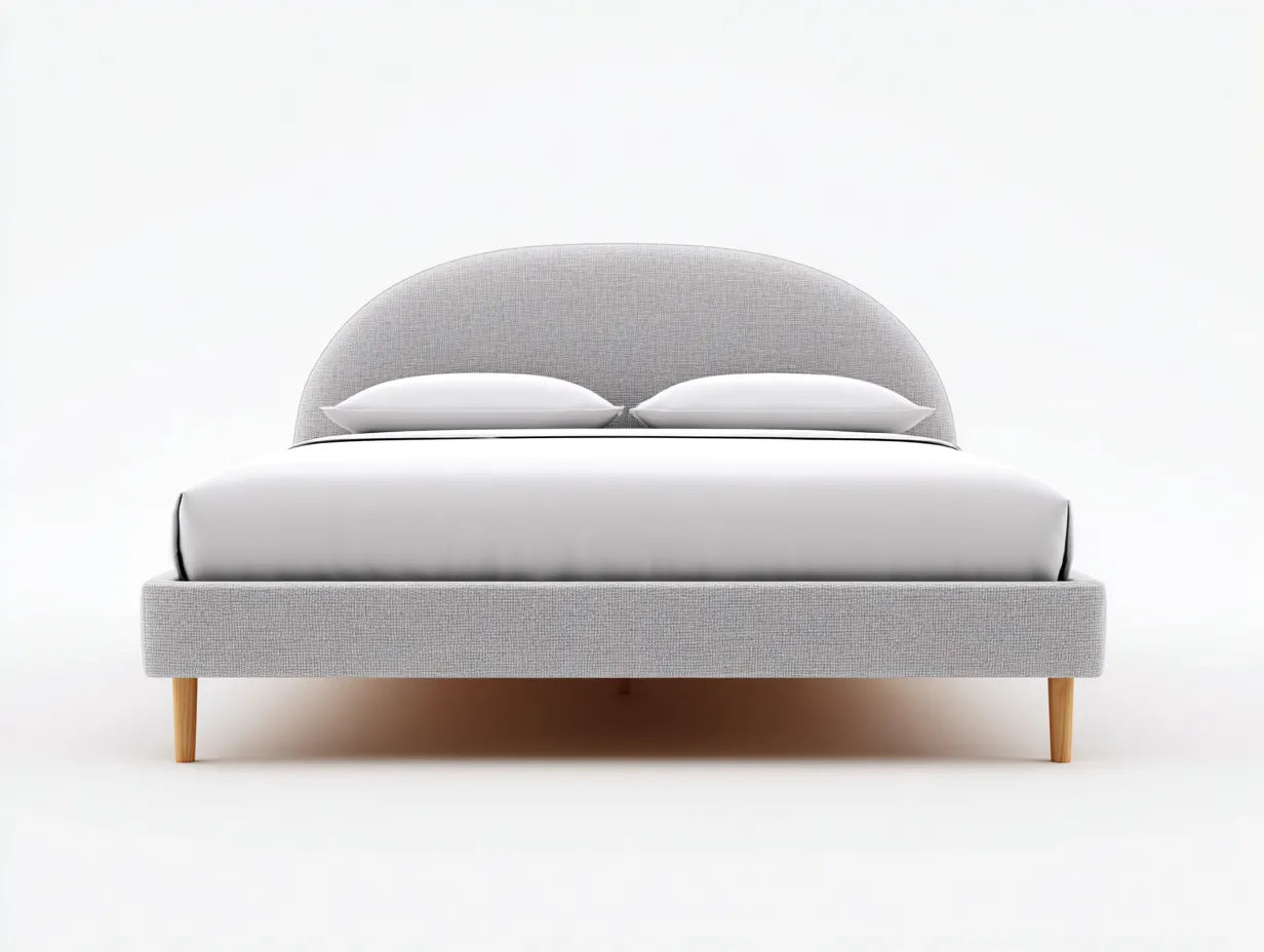 Cama doble tapizada de tejido 215×175×112 cm – gris claro – cabecero curvo para dormitorio
